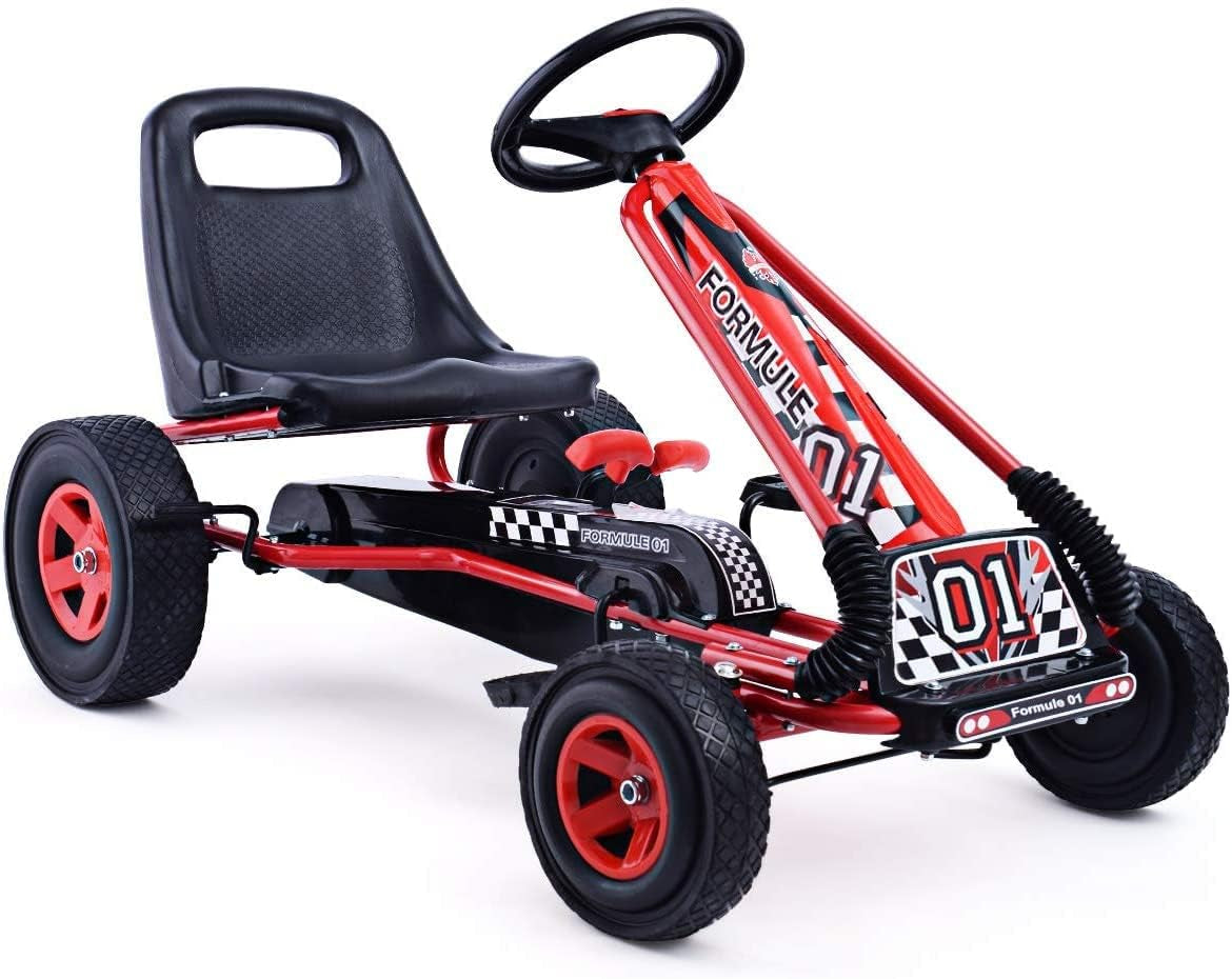 Go Kart for Kids, 4 Wheel Quad Off-Road Pedal on Foot Go Cart W/Steering Wheels & Adjustable Seat, 2 Safety Brakes, EVA Tires, Clutch, Outdoor Racer Ride on Pedal Car (Red)